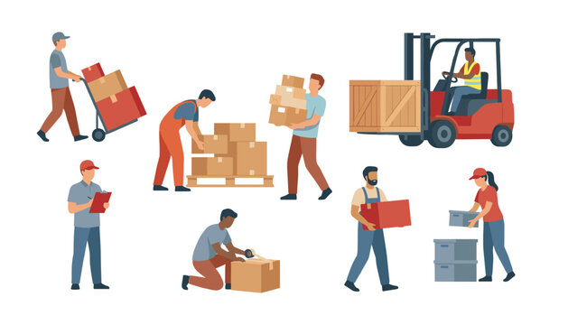Warehouse workers logistics service character vector set. Industrial forklift loading crate, delivery boxes packaging, courier hand truck and inventory checking.