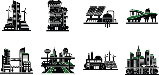 Obraz premium Sustainable Smart City and Green Architecture Silhouette Collection with Renewable Energy Urban Buildings Vector Set