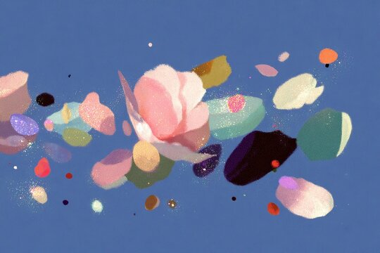Soft rose petal glitter confetti on muted blue background for feminine banner and multicolor sparkle decoration and design