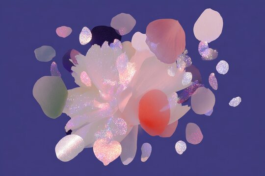 Iridescent floral petals and glitter confetti composition on purple background for decorative wallpaper and surface pattern design