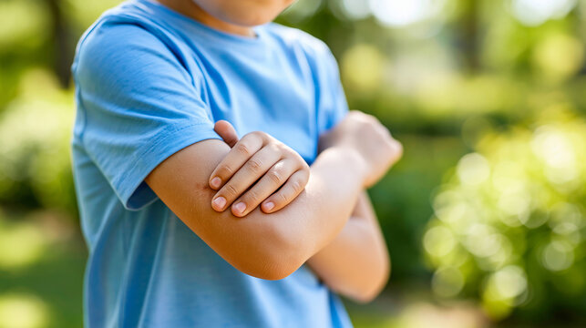 Close-up of a child scratching an insect bite on their arm in a sunny summer park, skin irritation detail, pediatric allergy and itching awareness, with copy space