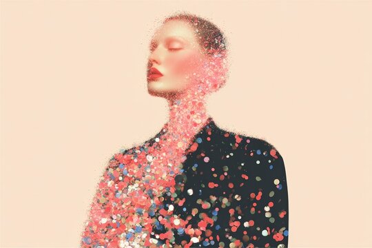Women power glitter portrait with cascading confetti and pastel sparkle on pale background for empowerment poster and banner design