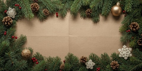 Fototapeta premium Top down festive arrangement of pine boughs with a natural paper card for Christmas ideas