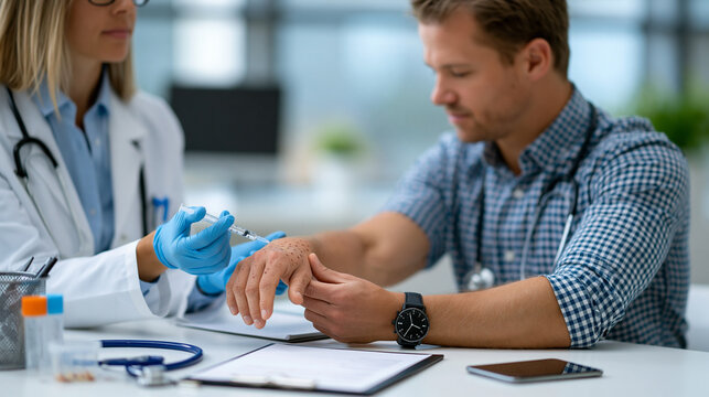 Medical postcard-style scene displaying an allergy skin test at a modern clinic, doctor-patient interaction, diagnostic healthcare tools, clean clinical environment, with copy