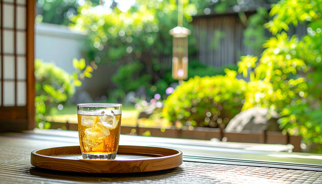 古民家の縁側に置かれた氷入り冷たい麦茶　日本の夏を感じさせる木製トレイと畳の風景　避暑地や休暇をイメージした爽やかな飲み物の写真素材　和風のインテリアと緑豊かな庭園を背景にした清涼感のある広告用ビジュアル