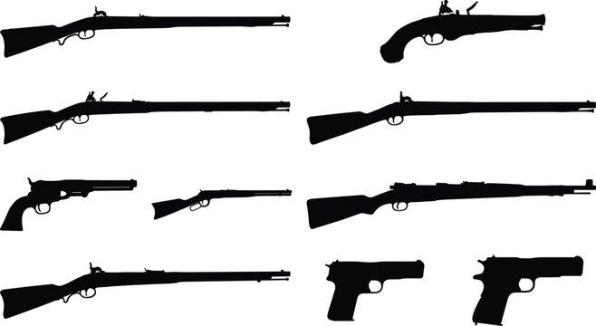 Vintage Firearms Silhouette Collection Set Featuring Muskets, Rifles, Flintlock Pistols and Modern Handguns