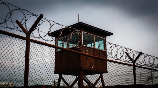 Rusty guard tower behind barbed wire fence under cloudy sky. Security observation post with surveillance system restricts freedom. Law, order, isolation and confinement.