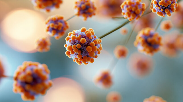 Microscopic visualization of floating pollen particles against a soft background, scientific allergy concept, airborne allergen detail, with copy space