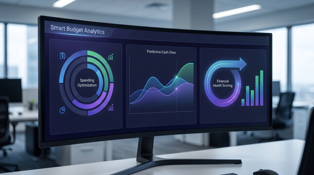 Smart Budget Analytics dashboard displaying AI-powered spending optimization, predictive cash flow insights, and financial health monitoring in modern fintech SaaS interface. copy space