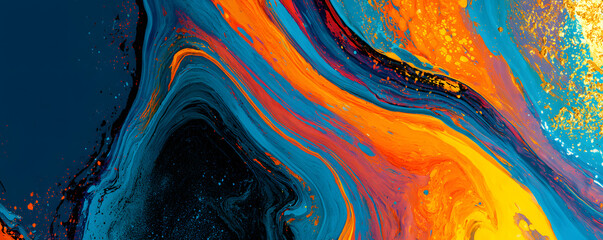 Fototapeta premium Abstract painting with blue and orange waves and gold accents, vibrant and lively