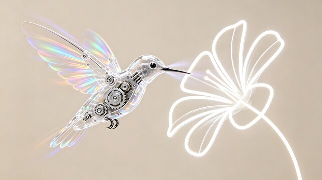 Mechanical transparent hummingbird hovering with holographic wing motion