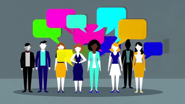 Multicultural businesspeople discuss and exchange ideas, represented by colorful speech bubbles floating above their heads, symbolizing effective communication and teamwork in a diverse workplace