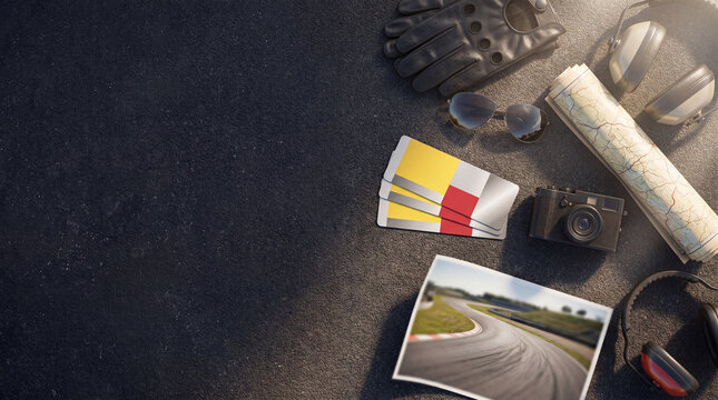 Motorsport travel weekend planning flat lay with generic tickets