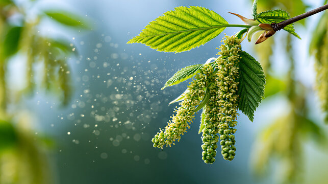 Spring birch tree blossoms releasing visible pollen into the air, seasonal allergy trigger, botanical springtime nature detail, with copy space