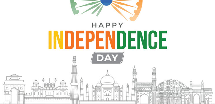 Happy independence day illustration with indian monuments and national flag