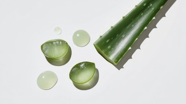 Aloe vera slice with gel drops on white background highlighting natural skincare properties