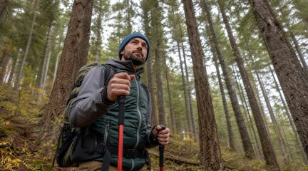 Fototapeta premium Hiker with trekking poles exploring a serene forest trail
