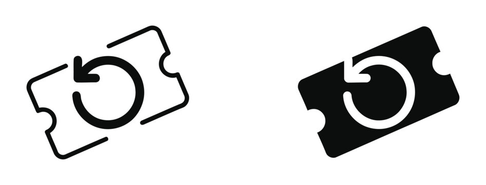 ticket refresh icon. Two ticket icons one outlined with a circular arrow the other solid black against white. Two black and white icons of movie theater tickets with refresh symbols vector illustratio