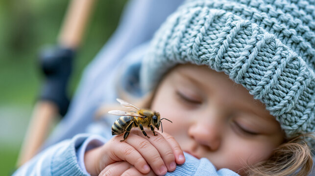 Close-up of a honey bee resting gently on the hand of a sleeping baby in a stroller outdoors, insect sting allergy awareness, nature danger concept, pediatric allergy safety,
