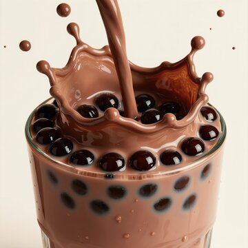 Chocolate milk with tapioca pearls splashes into glass. Dark tapioca balls bob in creamy brown liquid. Beverage pour creates foam and drops. Refreshing sweet drink.