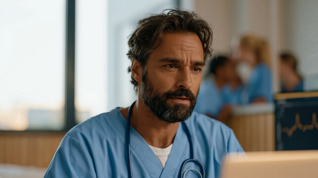 Cardiologist reviewing AI-generated ECG arrhythmia detection alert on a wearable monitoring dashboard in a hospital cardiac ward, overcast dramatic sky outside ward windows,