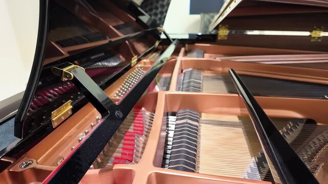 Close Up View Inside a Grand Piano Showing Hammers and Strings Moving