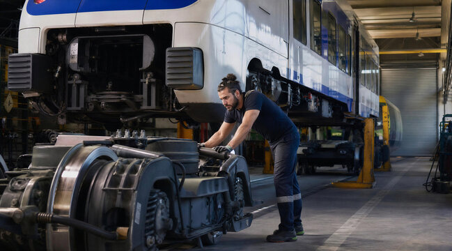 Train Mechanic Working on Bogie in Railway Workshop