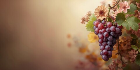 Fototapeta premium Red and purple grapes with flowers in soft background