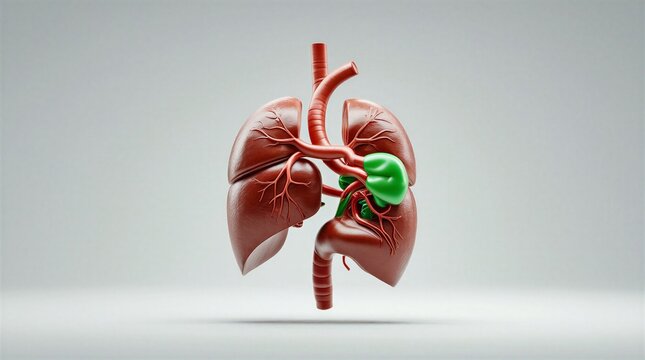 Anatomically correct human lungs and liver organ model isolated on a clean white background, detailed medical illustration of respiratory and digestive system with trachea and gallbladder