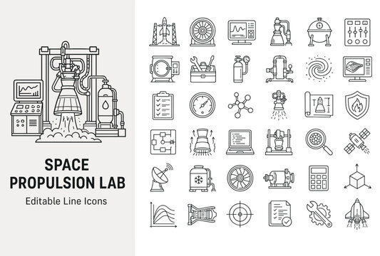 Space propulsion lab line icons of rocket engines, aerospace engineering equipment, laboratory testing tools, and satellite technology