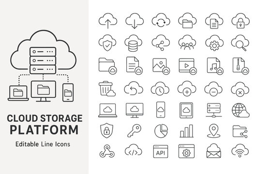 Cloud storage platform line icons for data backup, database hosting, file sharing, and network security