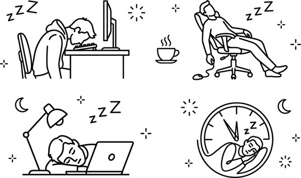 Tired Employee Sleeping at Work Office Desk Line Art Icons Vector Illustration Set