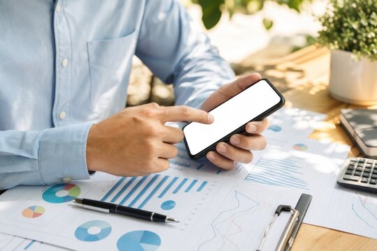 Businessman touching blank smartphone screen at outdoor wooden desk with financial charts and graphs in bright sunlight.