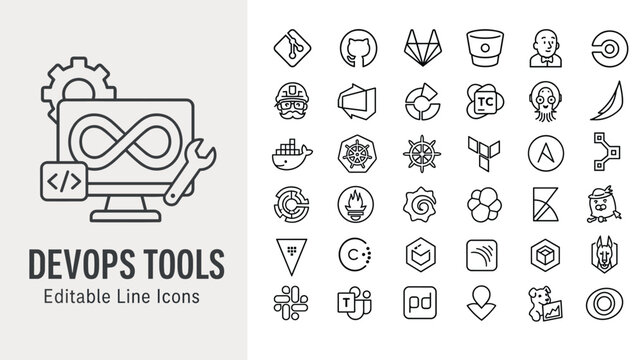 DevOps tools and software development line icons representing cloud computing, programming, continuous integration, and deployment workflows