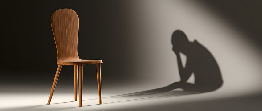 The figure, an empty chair, casts a shadow as a man with depression holds his head, symbolizing the hidden pain and grief of invisible mental illness.