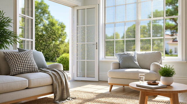 Sunlit living room with an open patio door letting yellow pollen drift indoors, adjacent window with a mesh screen blocking allergens, indoor air protection comparison, seasonal