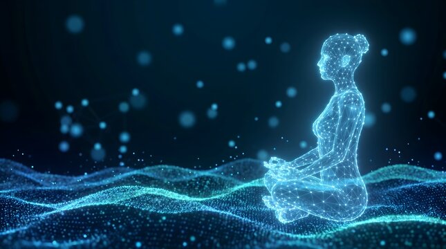Digital wireframe woman sitting in a peaceful lotus meditation pose made of glowing blue particles