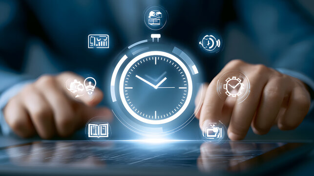A detailed time management and AI business strategy concept featuring a digital clock and productivity icons, AI strategy illustration, time management photo, cost reduction