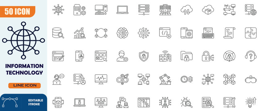 Information Technology Icon Set in Outline Style. Containing IT infrastructure, cloud computing, cybersecurity, data analytics, artificial intelligence, software development, and network system icons.