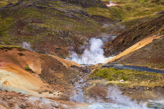 Selt&uacute;n Hot Springs, a geothermal hot spring system in Kr&yacute;suv&iacute;k volcanic area, in southwest Iceland on the Mid-Atlantic Ridge of the Reykjanes peninsula