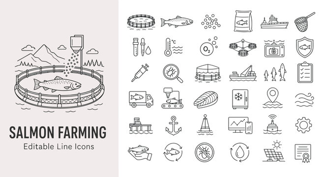Salmon farming and aquaculture industry line icons for fish breeding, cage culture, seafood processing, and marine technology