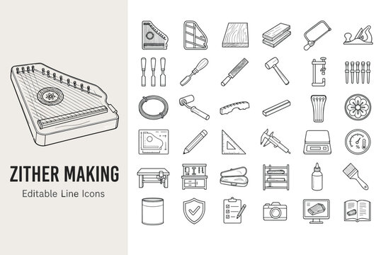 Zither making and lutherie tools line icons featuring woodworking equipment, musical instrument parts, and workshop gear