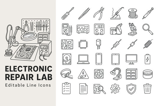 Electronic repair lab and microelectronics soldering line icons representing tools, hardware components, and circuit board maintenance equipment