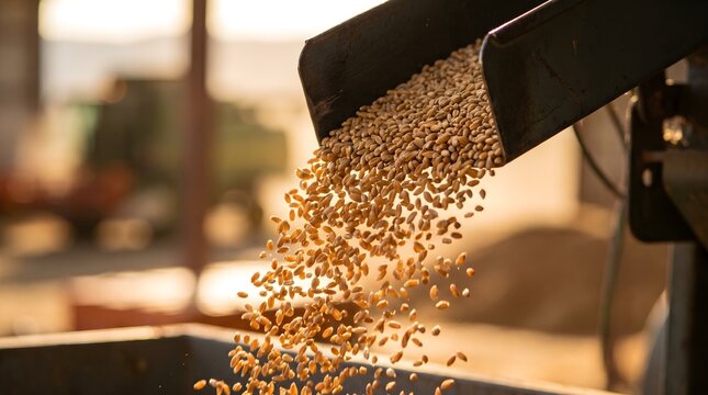 Golden wheat grains pouring from a metal chute during the bright warm sunset harvest time