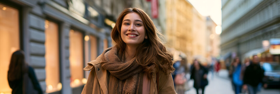 A young lady with a smile as she strolls down an urban street
