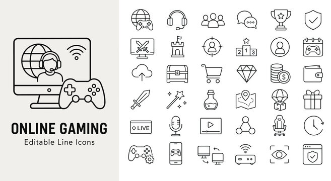 Online gaming line icon set with video game controller, esports tournament, streaming equipment, virtual currency, and gaming gear