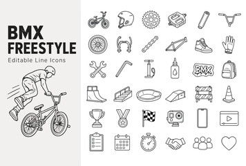 Naklejka premium BMX freestyle and extreme cycling line icons featuring bicycle parts, skatepark ramps, and rider gear