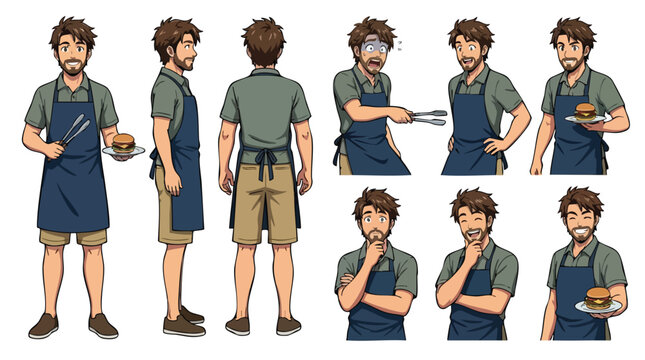 Full body and various poses of a male chef wearing an apron and holding a burger.
