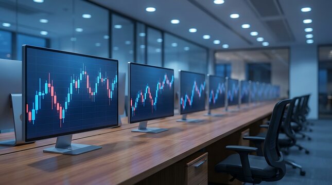 Modern office conference room with computers displaying stock market charts on screens row of empty chairs and tables in bright well lit workspace ready for business meeting.