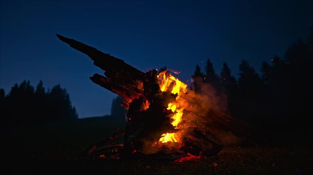 A mesmerizing close-up shot of a large campfire burning brightly in the wilderness at night. 1